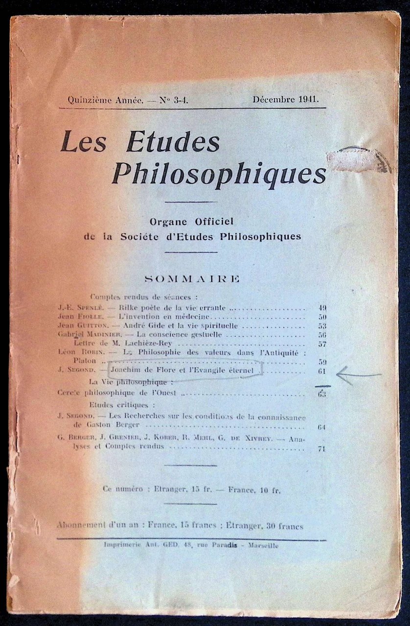 Les Etudes Philosophiques Quinzième année, n°3-4 décembre 1941