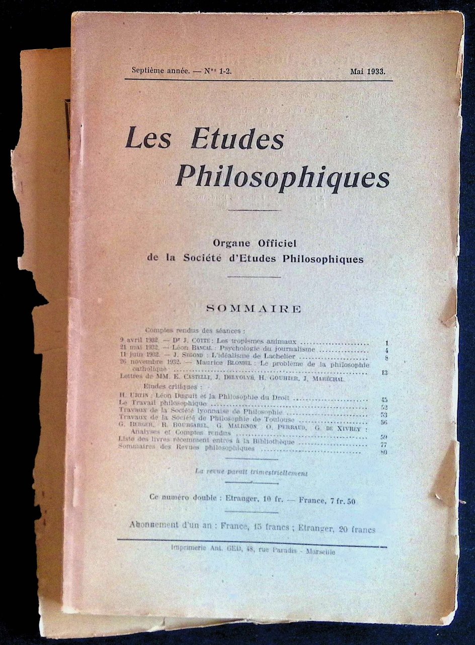 Les Etudes Philosophiques Septième année, n°1-2 mai 1933