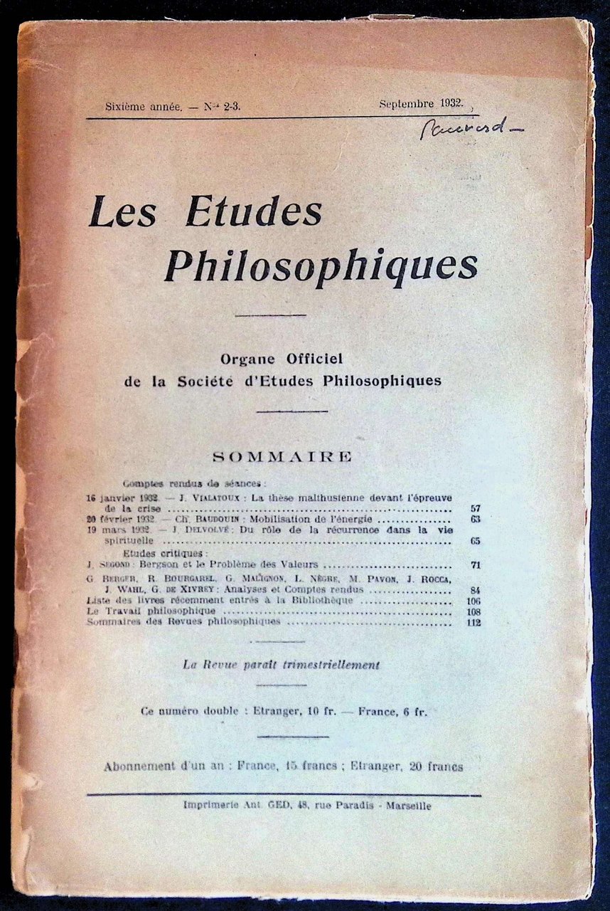 Les Etudes Philosophiques Sixième année, n°2-3 septembre 1932