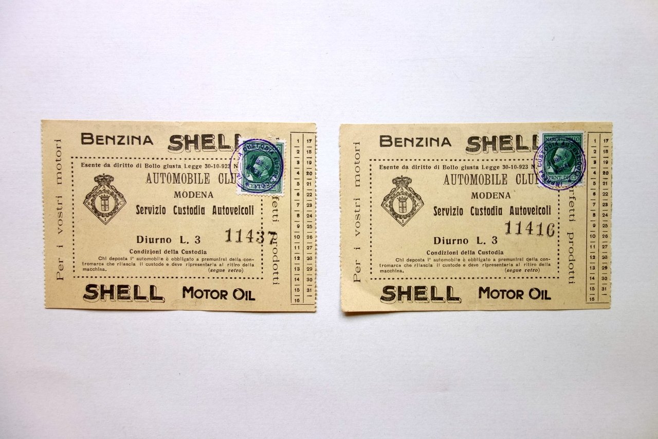 2 Biglietti Automobile Club Modena Servizio Custodia Autoveicoli Benzina Shell