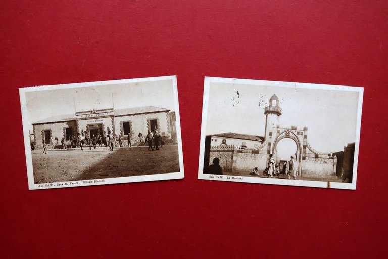 2 Cartoline Adi Gaie Eritrea Casa del Fascio Michele Bianchi La Moschea AOI