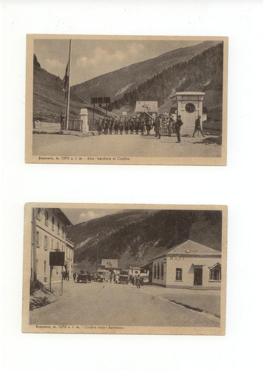 2 Cartoline Brennero Alzabandiera al Confine Italo-Austriaco 1936 viaggiata auto | Immagine principale