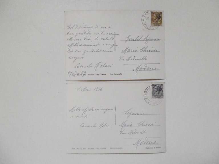 2 Cartoline Campogalliano Piazza Garibaldi 1958 1959 viaggiate Modena