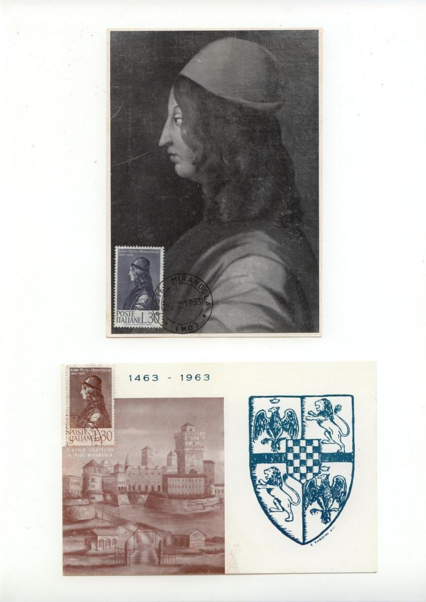 2 Cartoline Quinto Centenario della Nascita di Giovanni Pico 1963 …