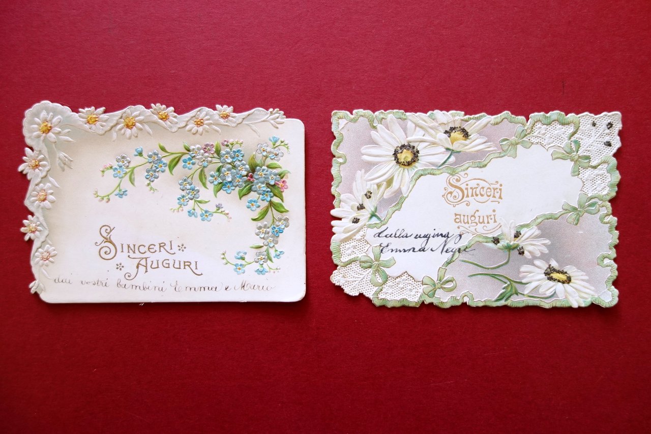 2 Cartoncini per Auguri Grafica Floreale Cromolitografia Primo '900