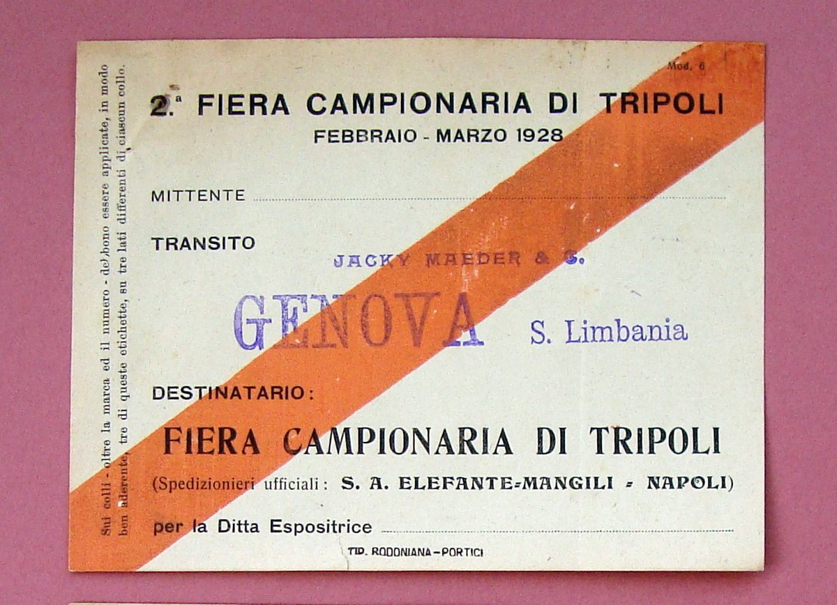 2 Fiera Campionaria di Tripoli 1928 Targhetta Transito Genova S.Limbania