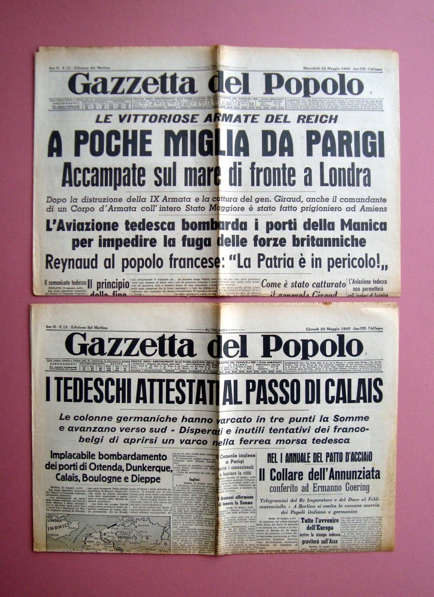 2 giornali maggio 1940 I Tedeschi al passo di Calais …