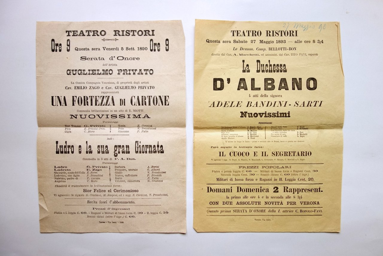 2 Locandine Teatro Ristori Verona Bandini Zago 1890-1893 Teatro Spettacolo