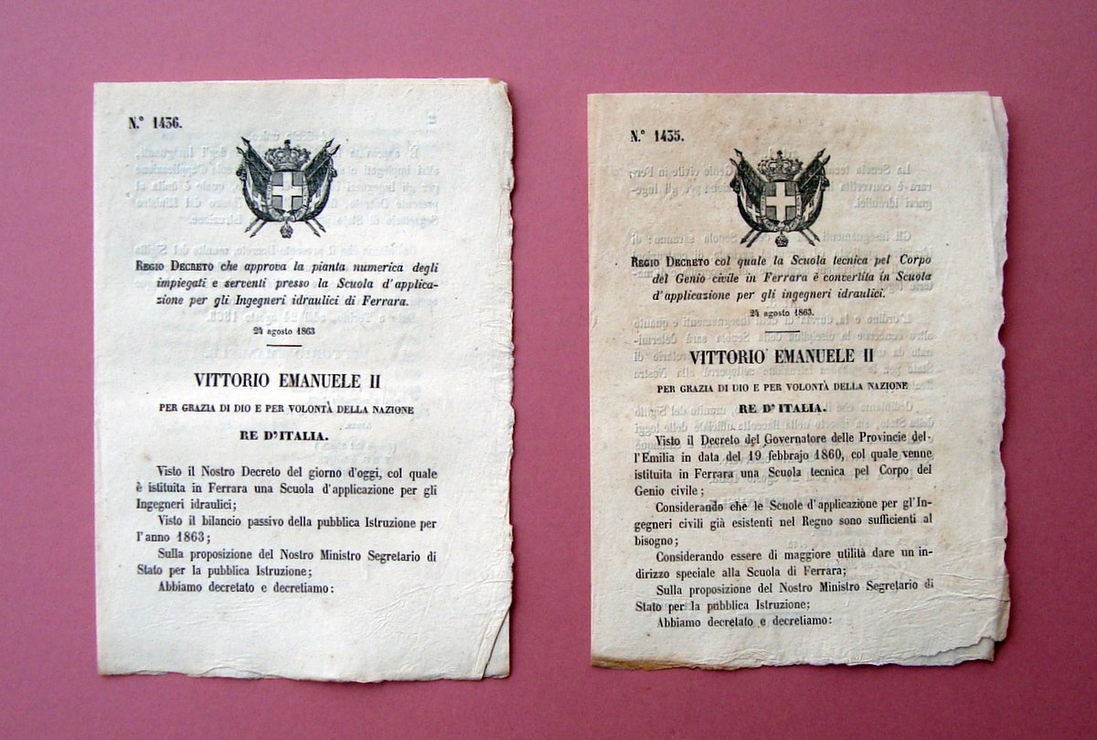 2 Regi Decreti Pianta Numerica Scuola Ingegneri Idraulici Ferrara 1863