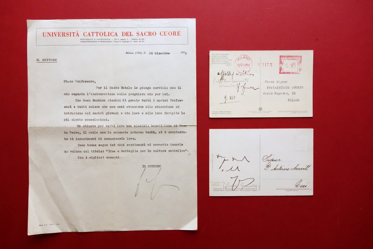 3 Autografi Padre Agostino Gemelli Lettera Firma 2 Cartoline 1932-1942 …