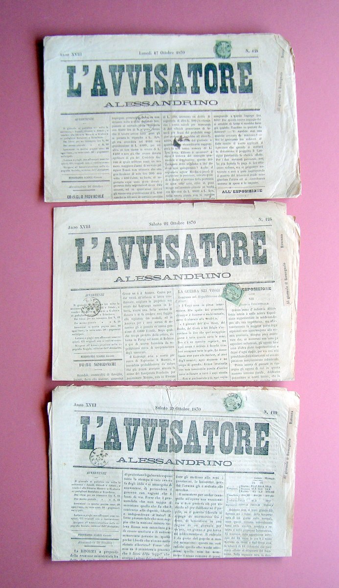 3 Giornali L'Avvisatore Alessandrino1870 Anno XVIII n 124 n 126 … | Immagine principale