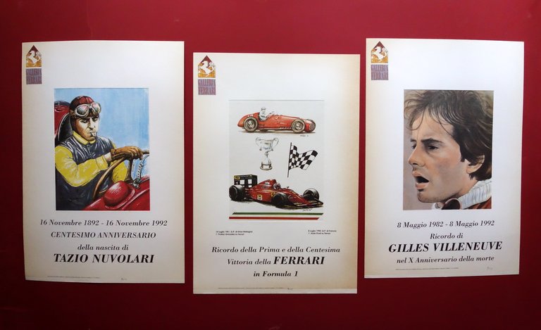 3 Litografie Gilles Villeneuve Tazio Nuvolari Vittoria Ferrari Malagoli Fontana