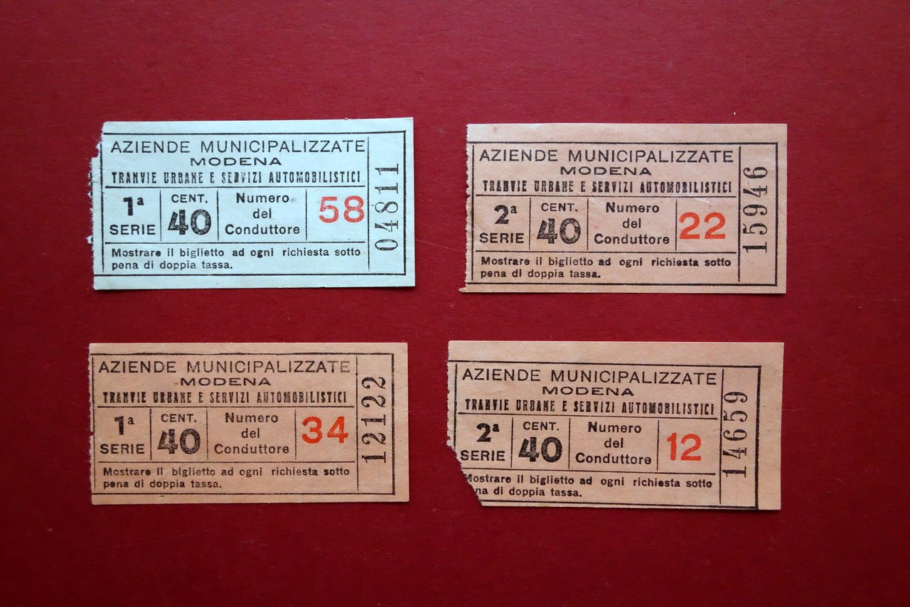 4 Biglietti Tramvie Urbane e Servizi Automobilistici Modena 1936