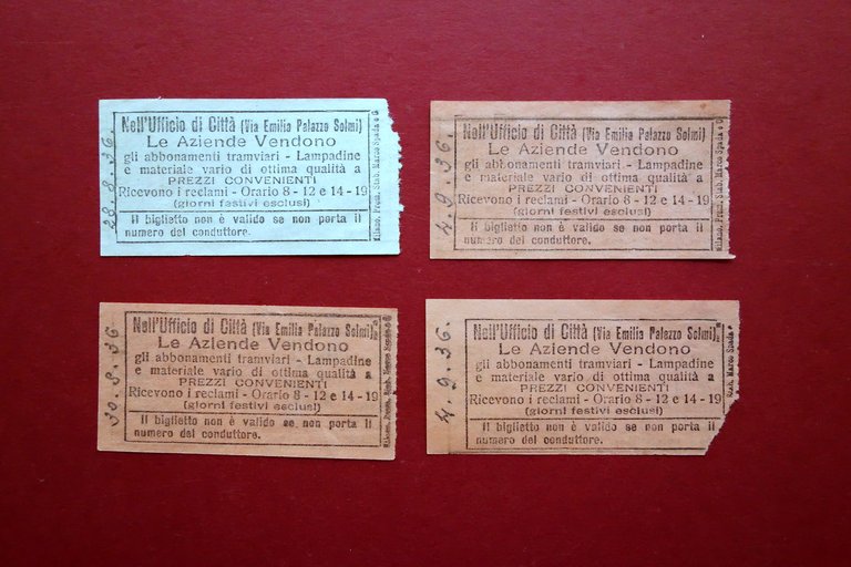4 Biglietti Tramvie Urbane e Servizi Automobilistici Modena 1936