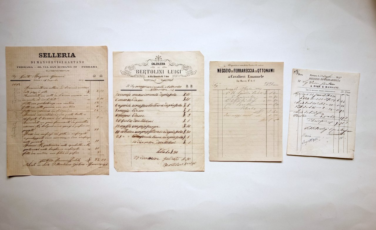 4 Fatture Ferrara Conte Magnoni Ferrareccia Calzoleria Bertolini Selleria '800
