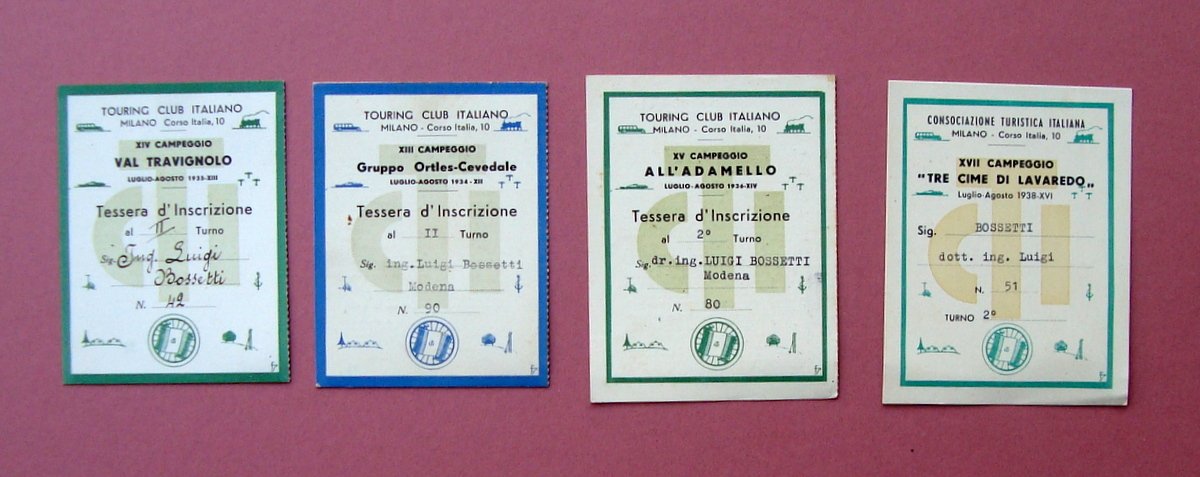 4 Tessere TCI Campeggio Adamello 1936 Ortles 1934 Travignolo 1935 …