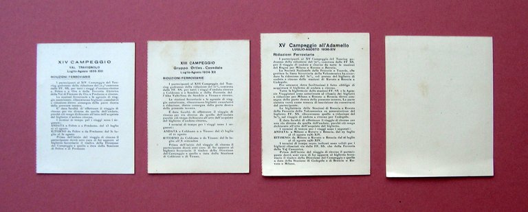 4 Tessere TCI Campeggio Adamello 1936 Ortles 1934 Travignolo 1935 …