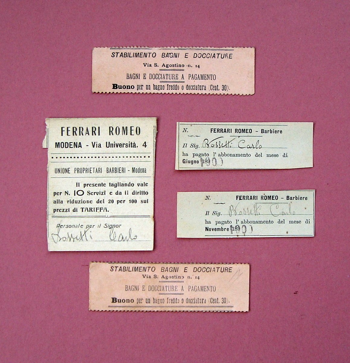 5 biglietti Orario Barbieri Modena 1900 Tagliandi Abbonamenti Bagni Docciature