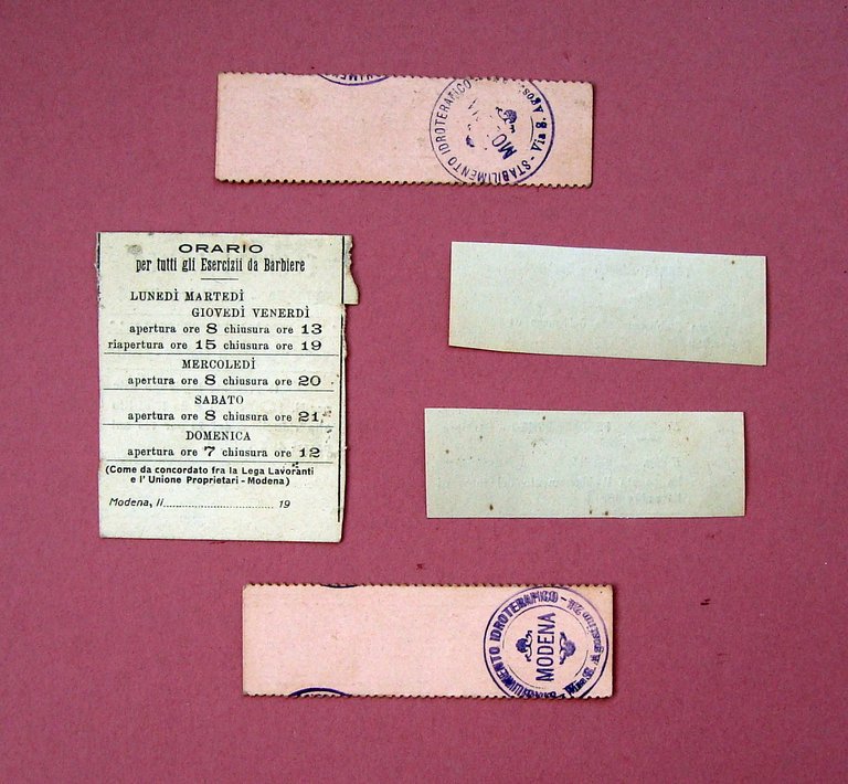 5 biglietti Orario Barbieri Modena 1900 Tagliandi Abbonamenti Bagni Docciature