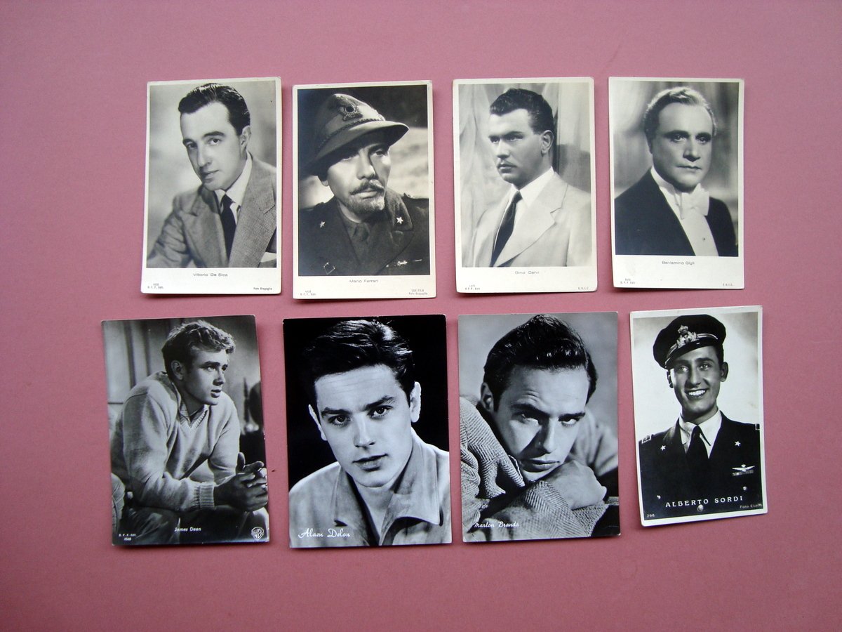 8 Foto-cartoline originali bianco/nero Attori Brando Delon Cervi Sordi Dean