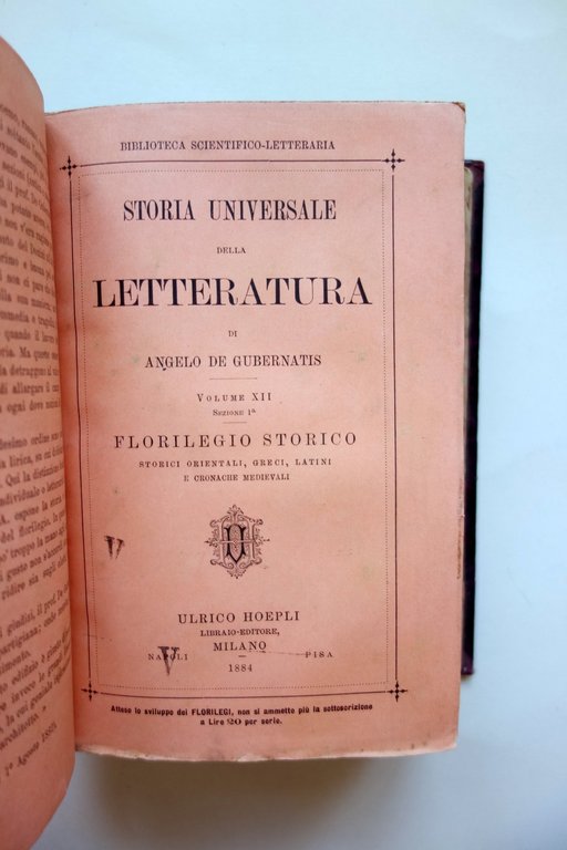 A. De Gubernatis Storia della Storia Florilegio Storico Hoepli 1884 …