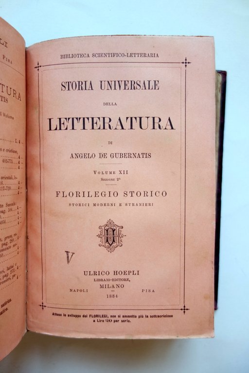 A. De Gubernatis Storia della Storia Florilegio Storico Hoepli 1884 …