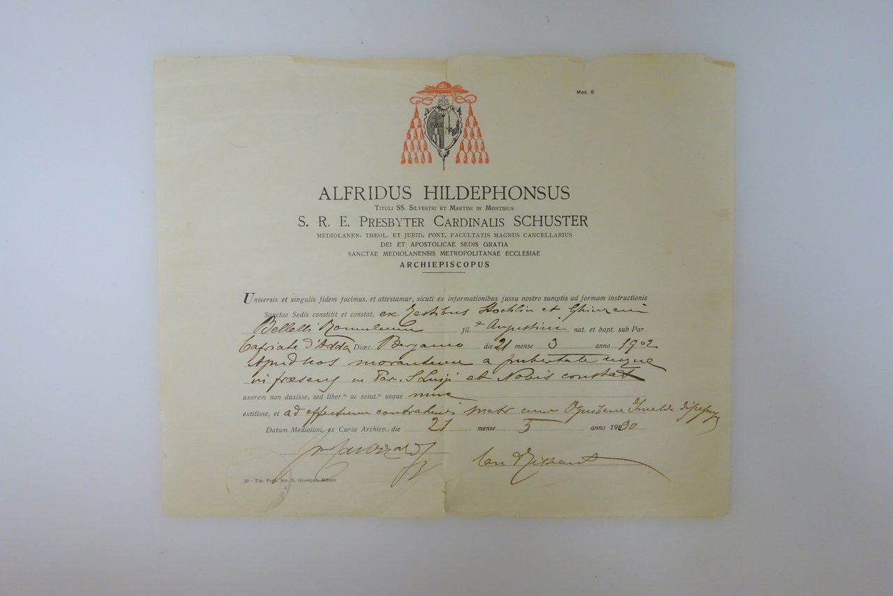 A. Ildefonso Schuster Cardinale Arcivescovo Certificato di Buona Condotta 1920 | Immagine principale