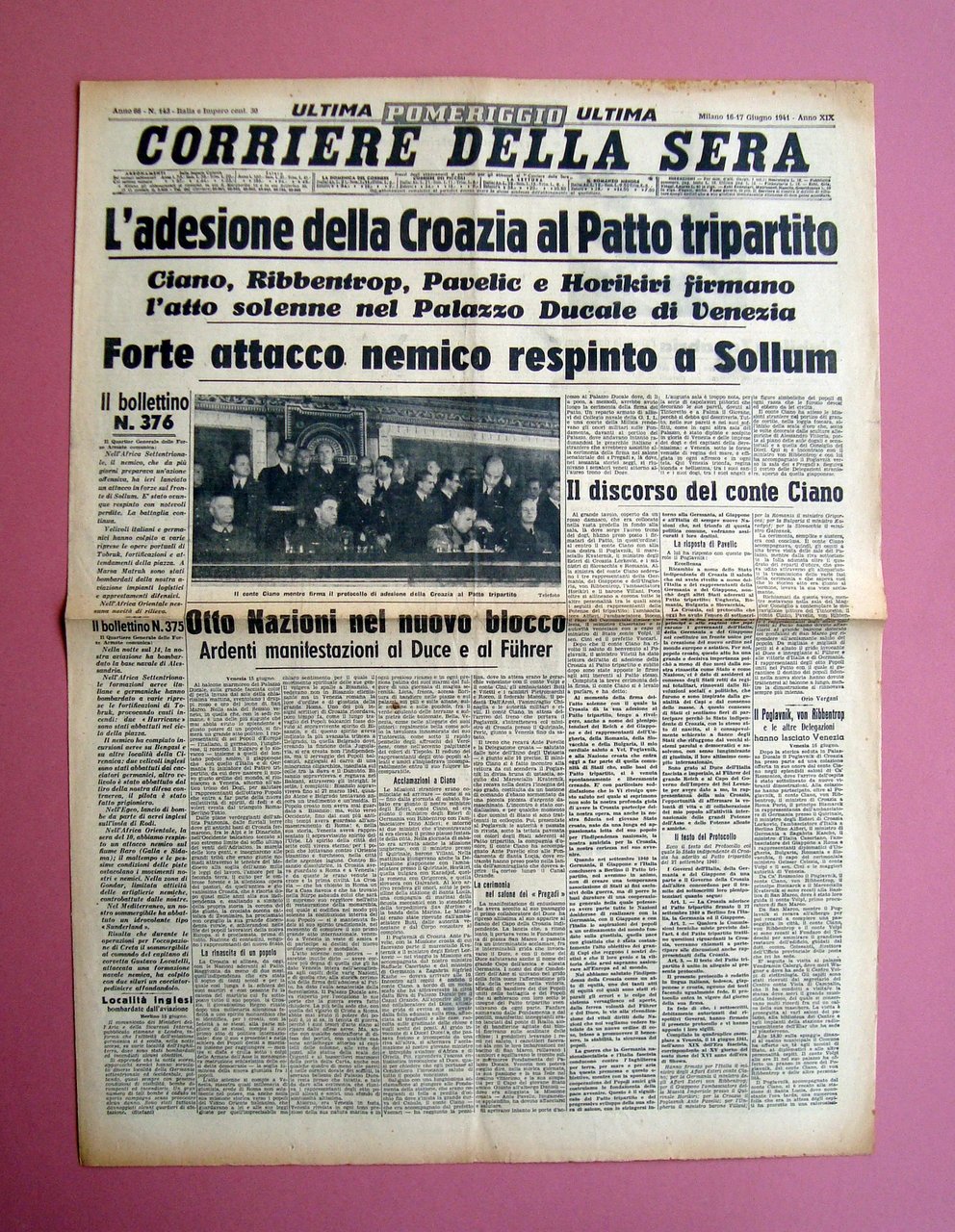 Adesione Croazia al Patto Tripartito 1941 Corriere della Sera giornale