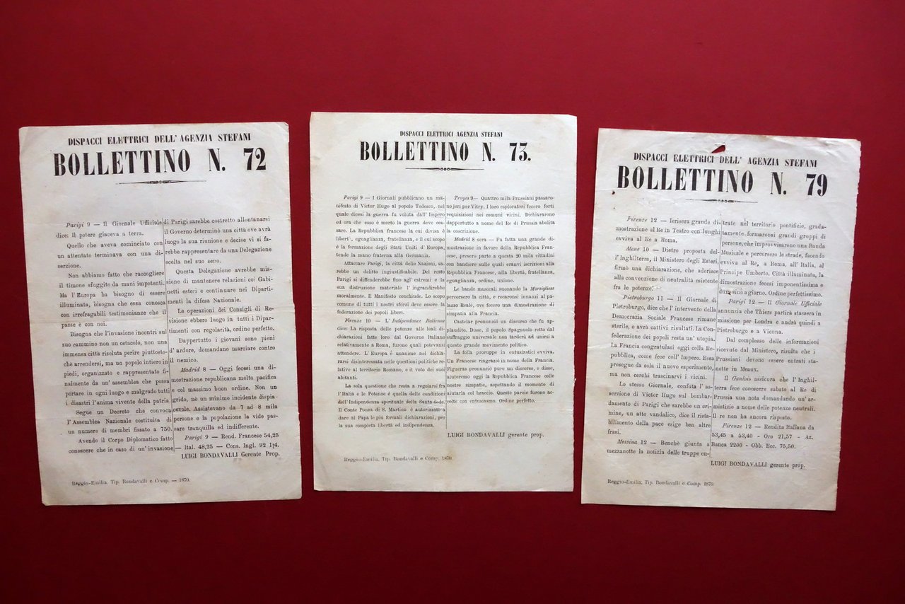 Agenzia Stefani 3 Dispacci Bollettini 1870 Guerra Franco Prussiana Parigi