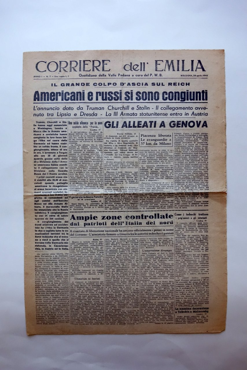 Americani e Russi si sono congiunti Corriere dell'Emilia Bologna 28/4/1945 … | Immagine principale