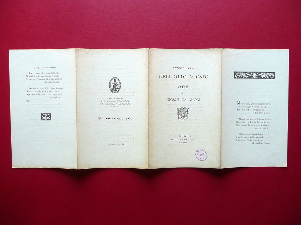 Anniversario dell'Otto Agosto Ode GiosuË Carducci Zanichelli Modena 1880