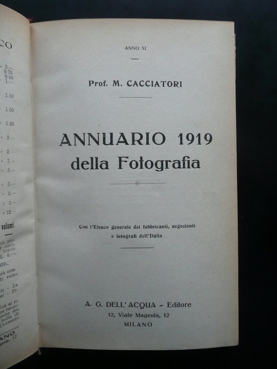 Annuario 1919 della Fotografia M. Cacciatori Dell'Aquila Milano Elenco Fotografi