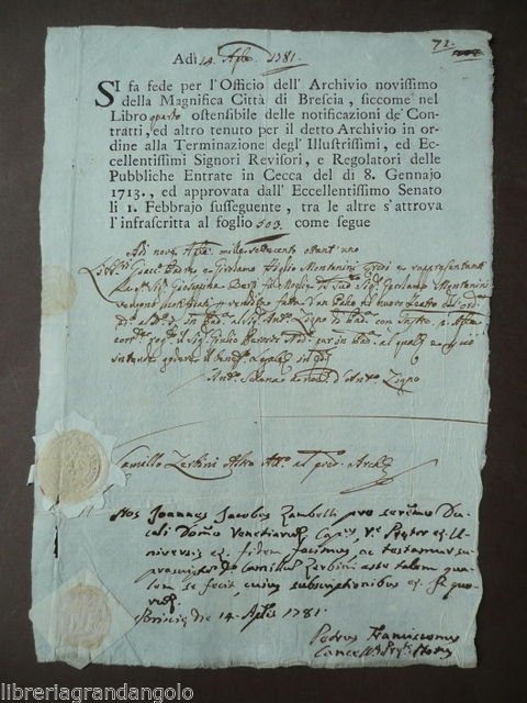 Archivio Magnifica Citt‡ Brescia 1781 Cessione Palchi Teatro Sigilli Cartacei