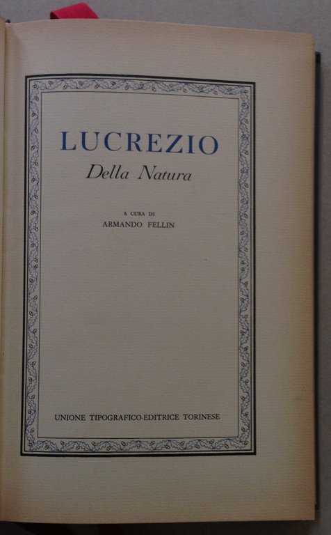 Armando Fellin Lucrezio Della Natura UTET Torino 1963