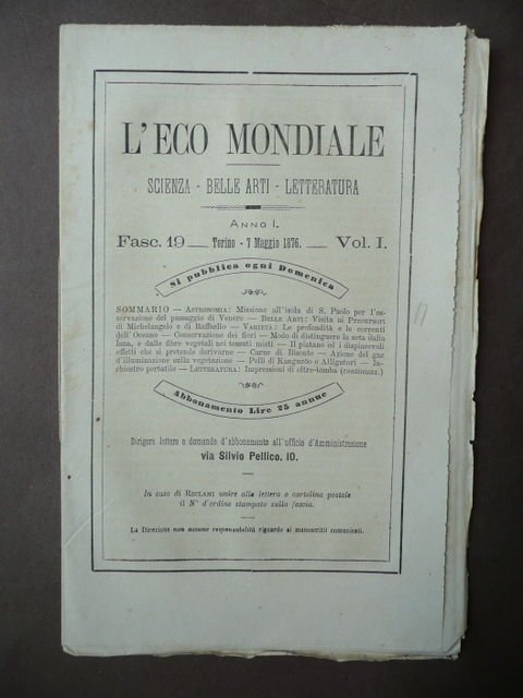 Astronomia Isola S. Paolo Passaggio Venere 1876 \L'Eco Mondiale" Astronomia"