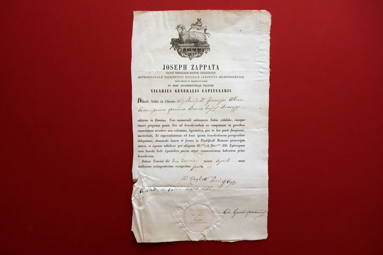 Attestato Concessione Collocazione di Campana sua Benedizione Banna Torino 1866 | Immagine principale
