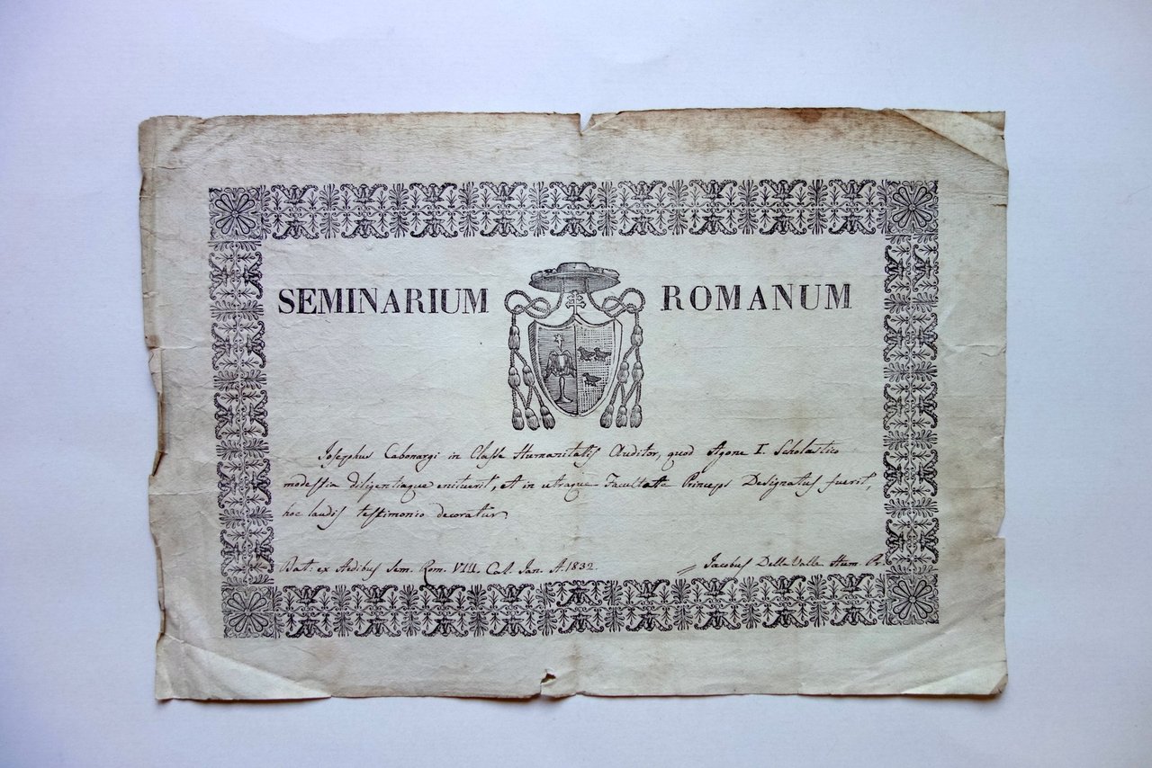 Attestato Seminarium Romanum Seminario Uditore Classe Humanitatis Lode 1832