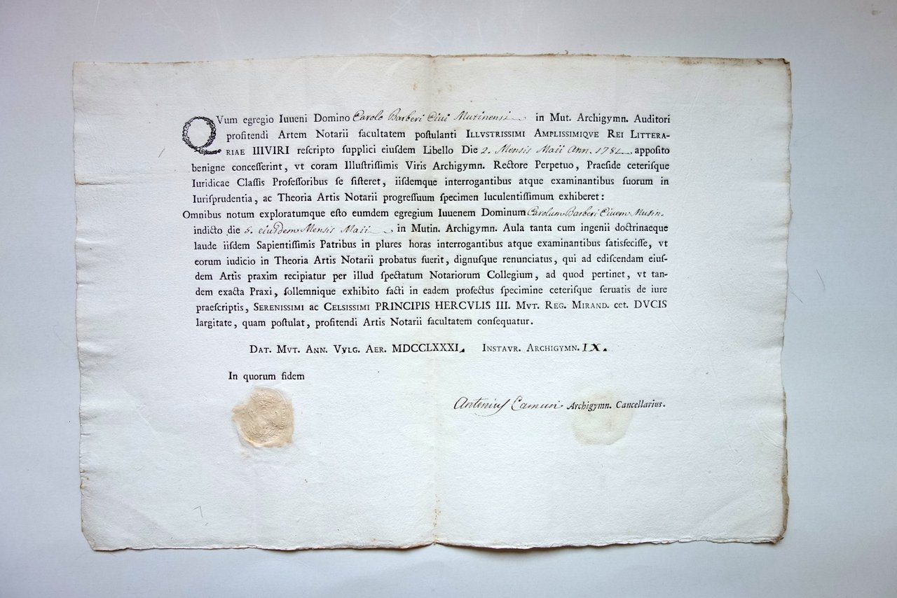 Attestato Theoria Artis Notarii Notariato Barberi Mutinensis 1781 Sigillo