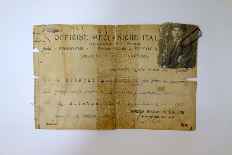Attestazione Lavoro Dipendente Officine Meccaniche Italiane Reggio Emilia 1921