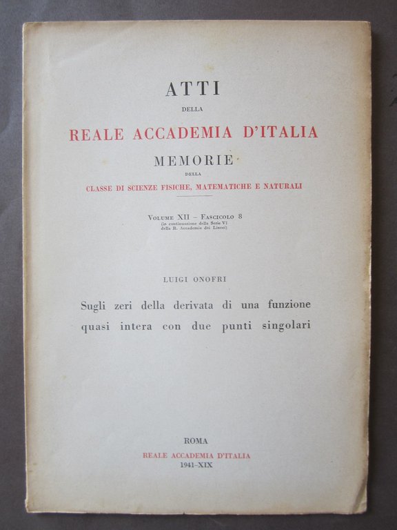 Atti della Real Accademia d'Italia Luigi Onofri 1941 Analisi Matematica Funzioni