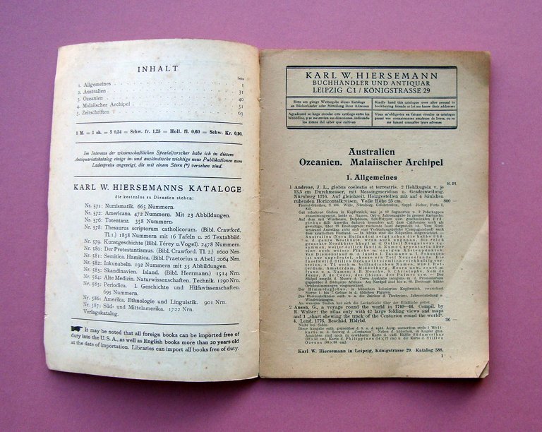Australien Katalog 588 november 1928 Hiersemann Leipzig catalogo libri Australia