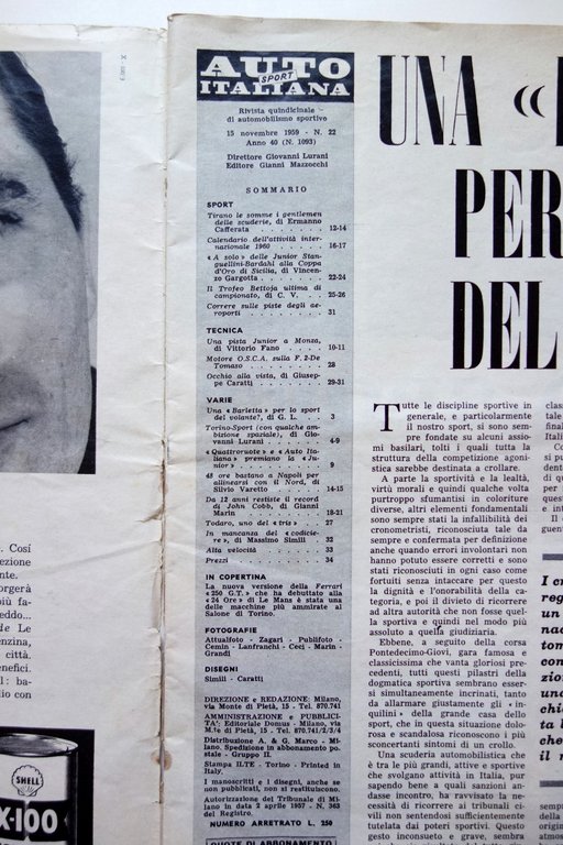 Auto Italiana Anno 40 N. 22 15/11/1959 Copertina Ferrari 250 …