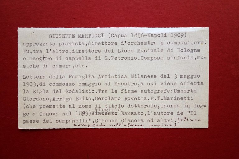 Autografi Vari 40 Firme ca. Lettera Famiglia Artistica Martucci 1903 …