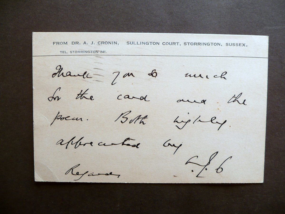 Autografo A. J. Cronin Cartolina Ringraziamenti Brighton & Howe Inghilterra …