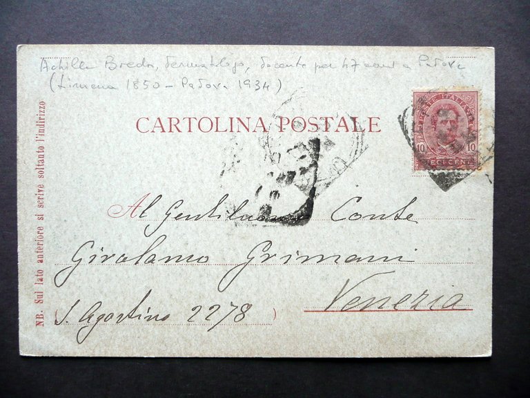 Autografo Achille Breda Cartolina Postale Roma 1899 Dermatologo Docente Padova