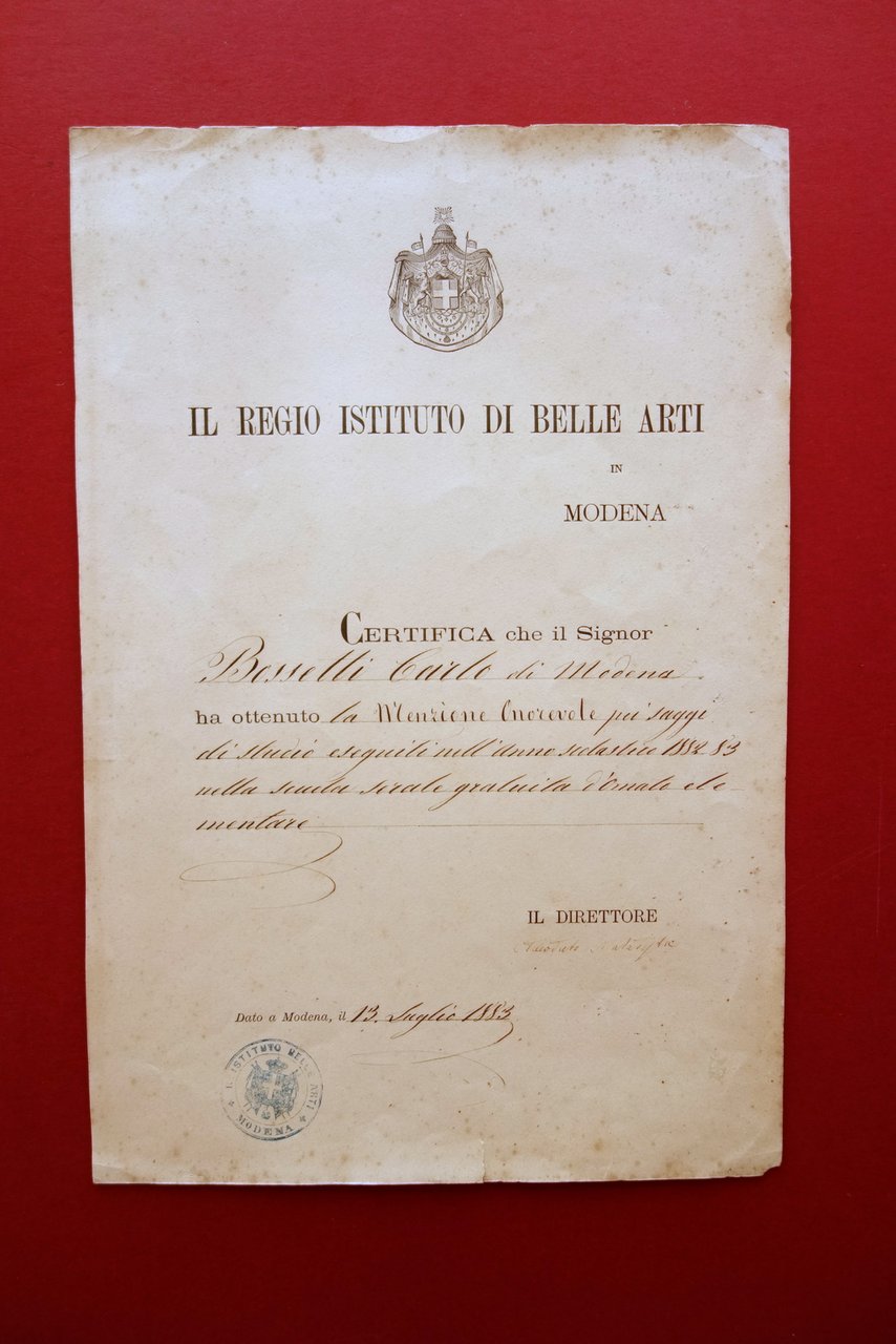 Autografo Adeodato Malatesta Firma Diploma Istituto Belle Arti Modena 1883