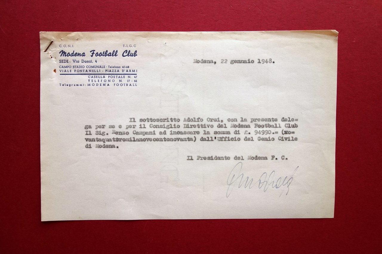 Autografo Adolfo Orsi Presidente Modena Calcio FC Lettera Firmata 1948