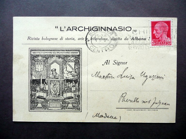 Autografo Albano Sorbelli Cartolina Archiginnasio Bologna 1932 Fanano Pavullo