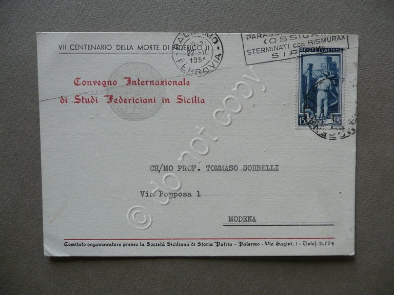 Autografo Alberto de Stefani Cartolina Postale Palermo 1951 Economista Politica