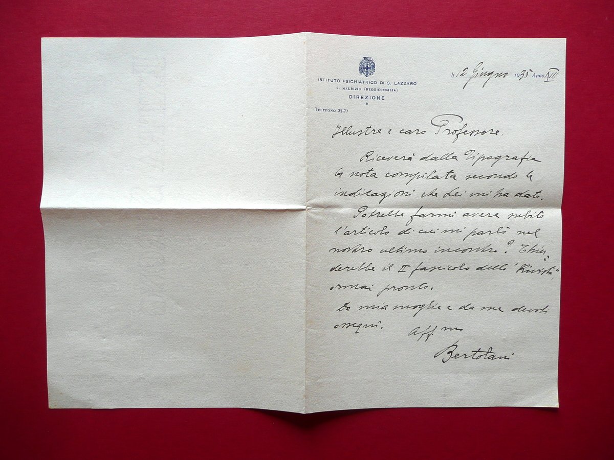 Autografo Aldo Bertolani Lettera Istituto Psichiatrico San Lazzaro Reggio 1935